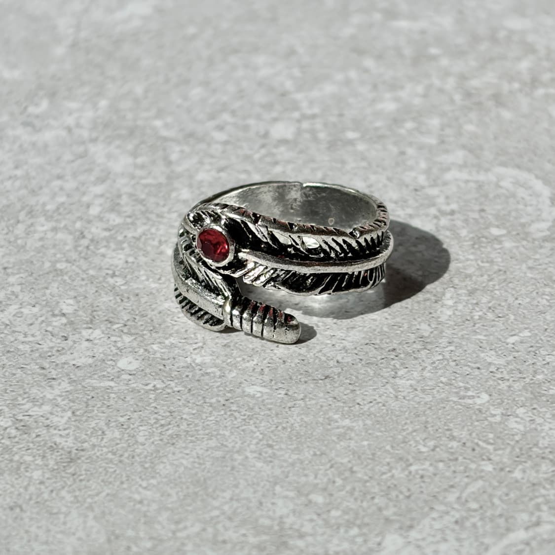 Oribell 레드 스톤 깃털 엔틱 실버 오픈링 반지 상품이미지3