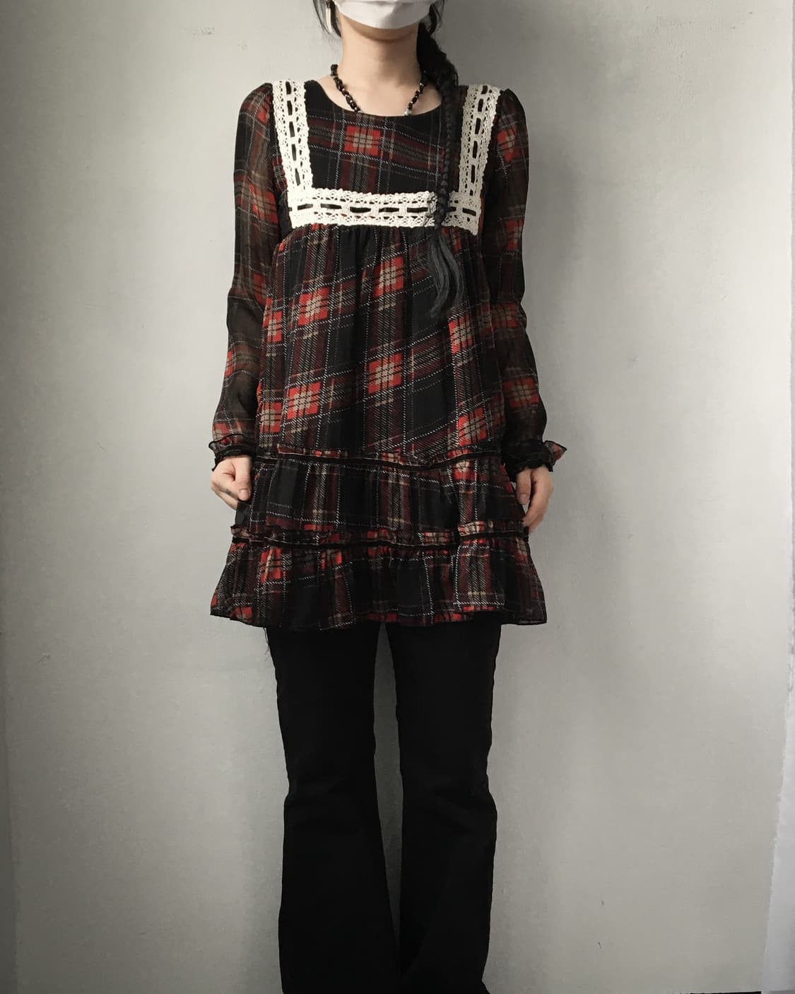 Crochet trimming check pattern onepiece 상품이미지1