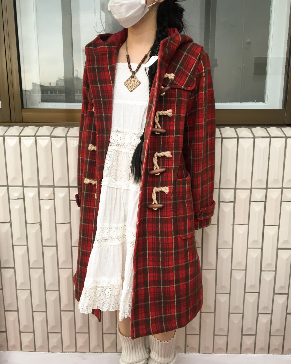 Check pattern duffle button hood coat 상품이미지6