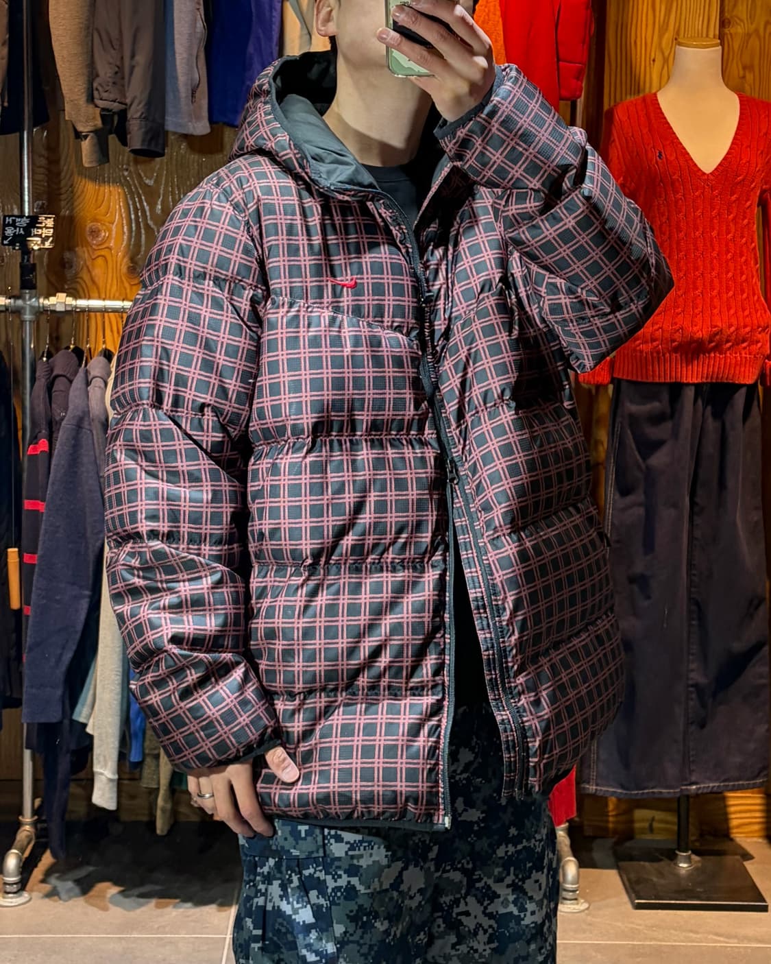 XXL 나이키 스우시 체크패턴 후드 패딩 상품이미지1