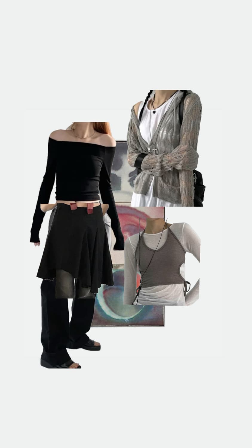 오프숄더 그물망집업 레이어드 코디세트 상품이미지1