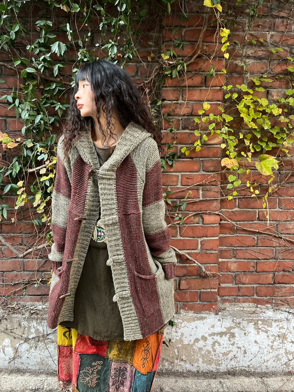 빈티지 버건디 니트 후드 더플 가디건 상품이미지4