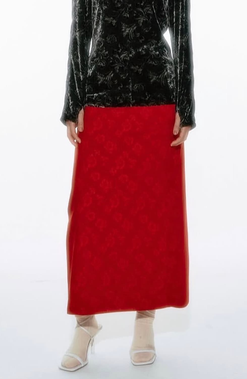 티크 teak 자카드 레드 롱스커트 상품이미지2