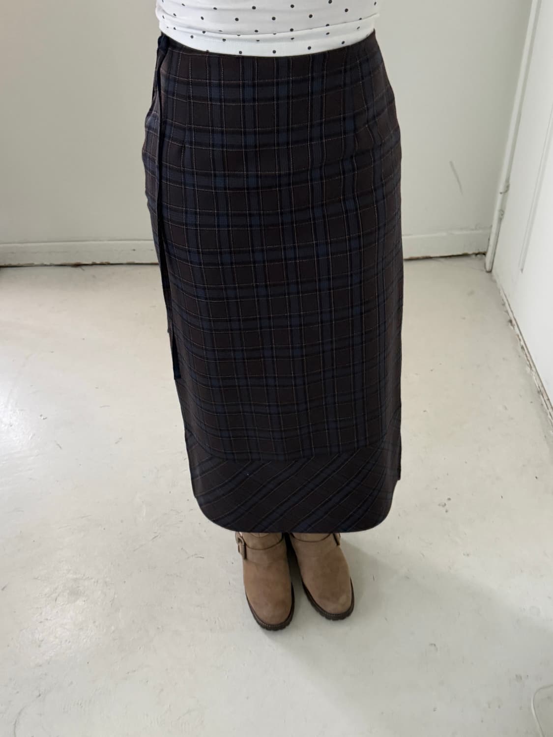 일본빈티지 브라운네이비 체크 울롱스커트 상품이미지2