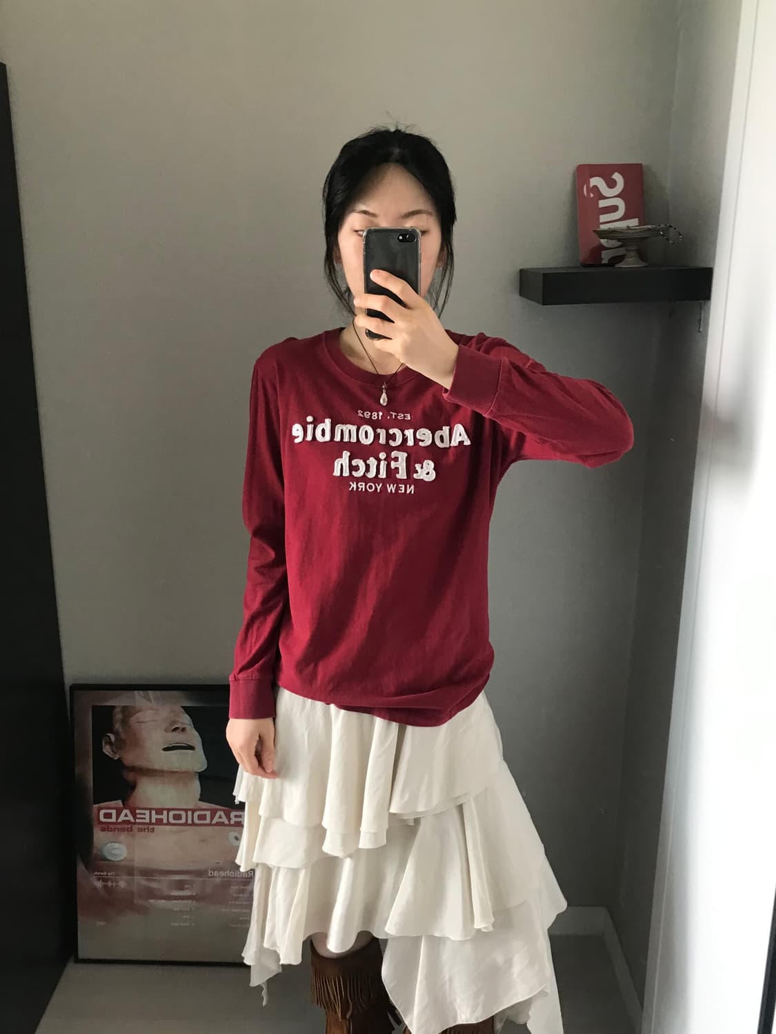 아베크롬비 중앙 자수로고 버건디 롱슬리브티 상품이미지3