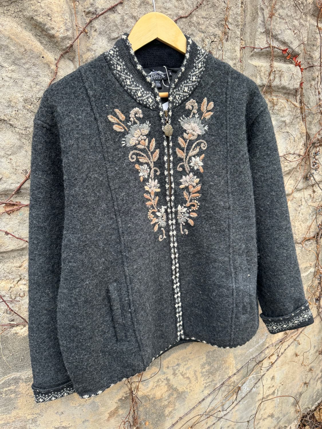 아이슬랜딕 빈티지 니트 자수 패턴 울 자켓 그레이 xl 상품이미지3