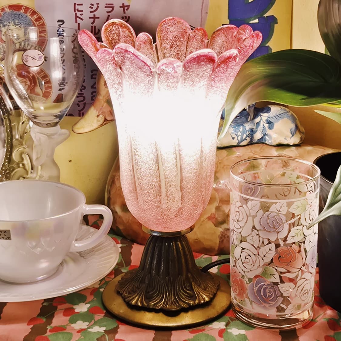 70s 이와타 앤틱 브라스 핑크 꽃잎 글라스 램프 상품이미지5