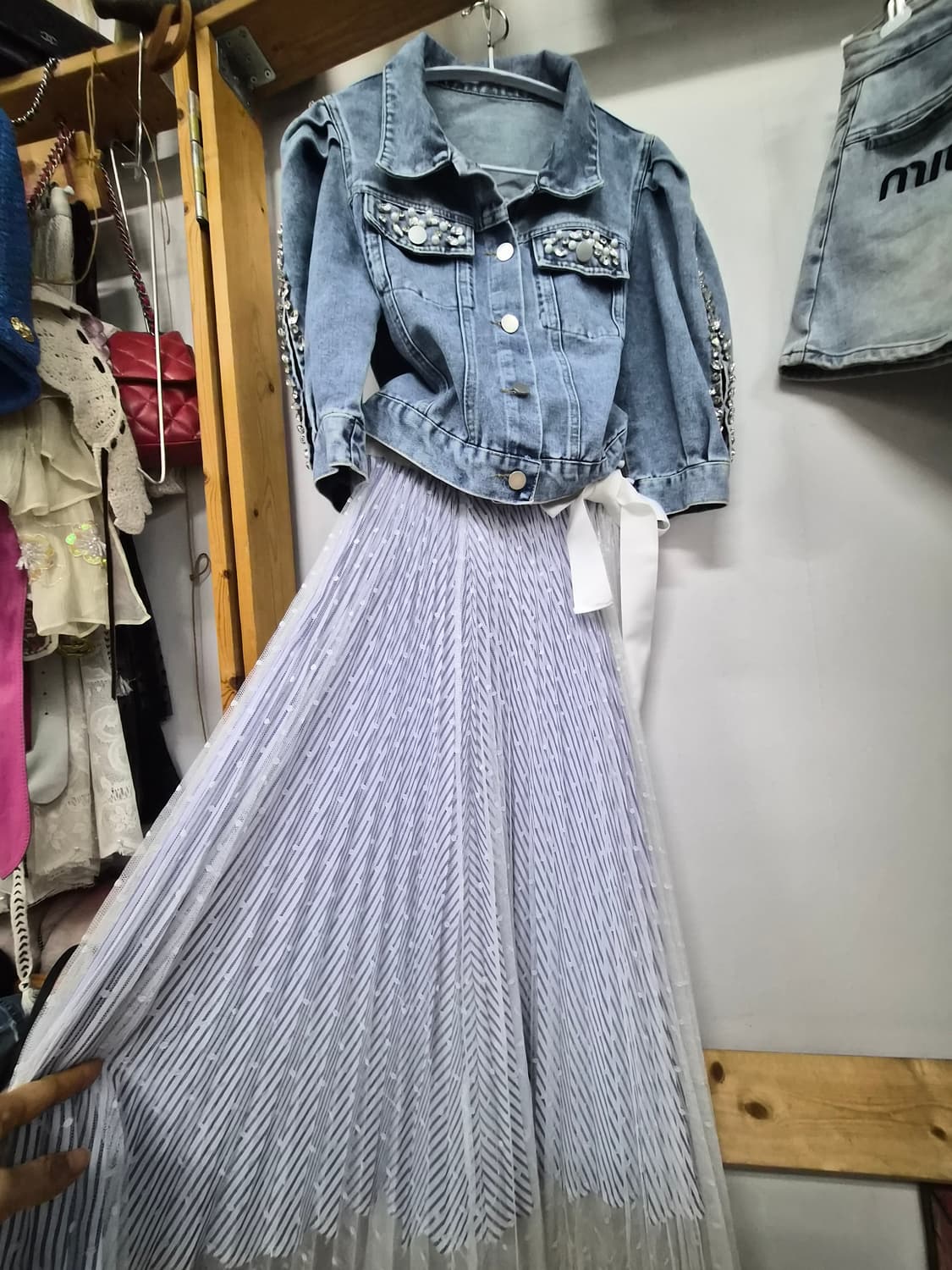 스톤비즈 벌룬 반팔 데님자켓.지고트 레이스 원피스 상품이미지1