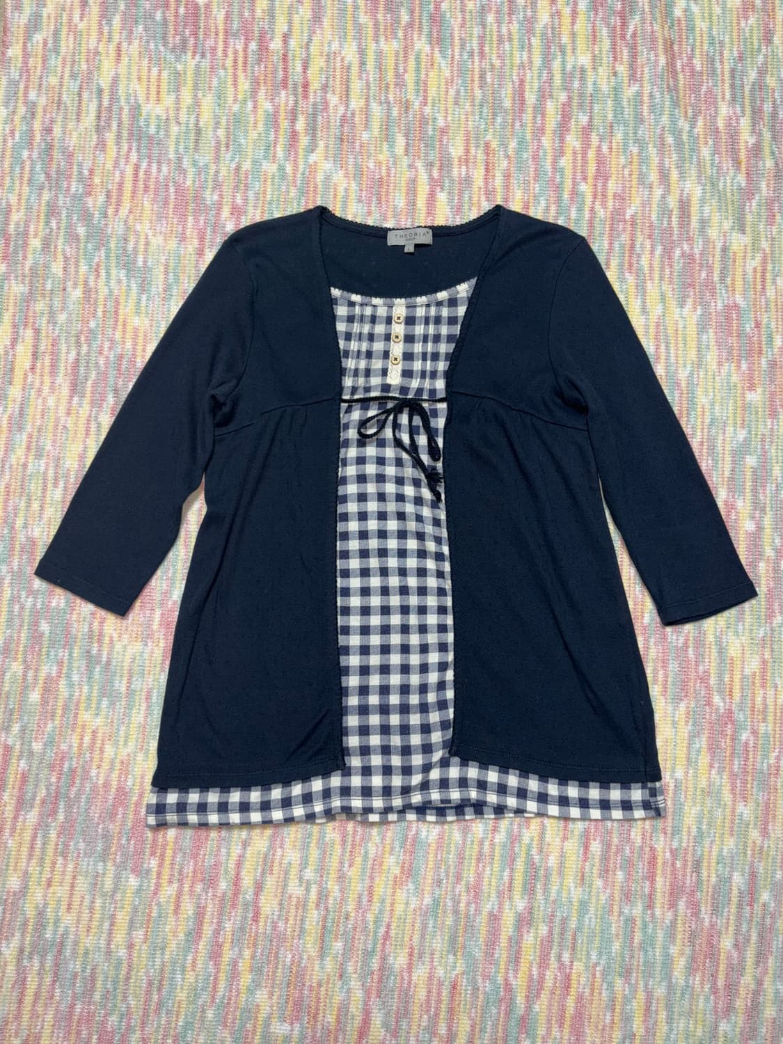 네이비 체크 레이어드 티셔츠 상품이미지1