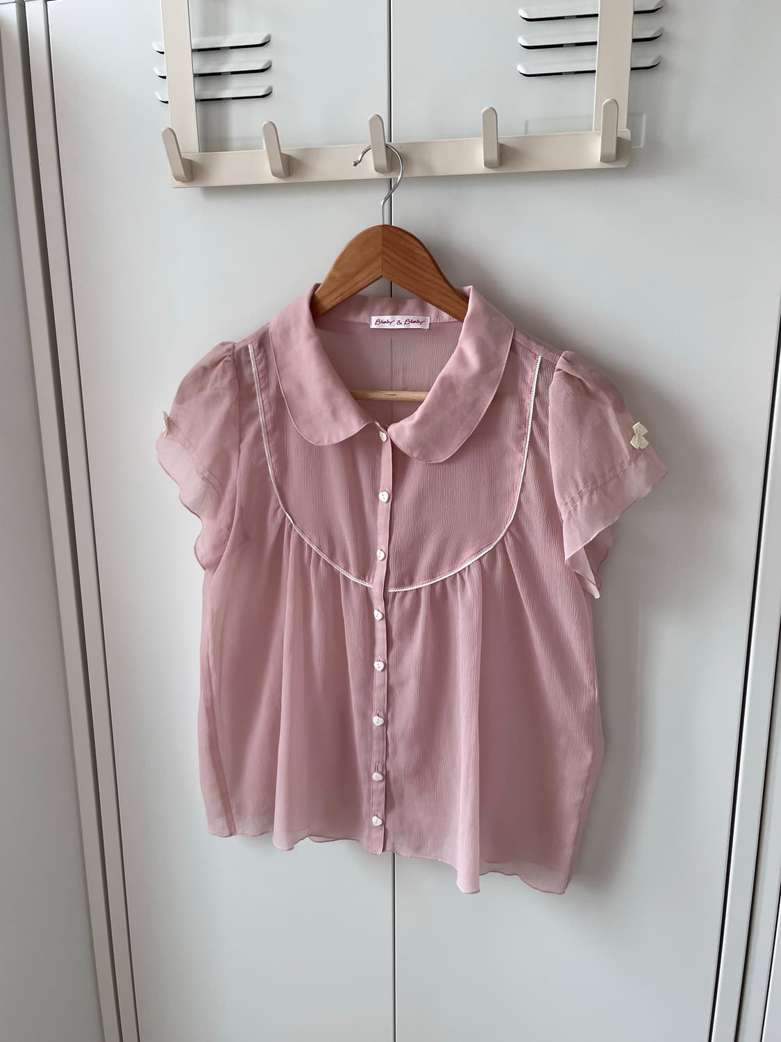 Vintage 하트 리본 연분홍 로걀 반팔 블라우스 상품이미지1