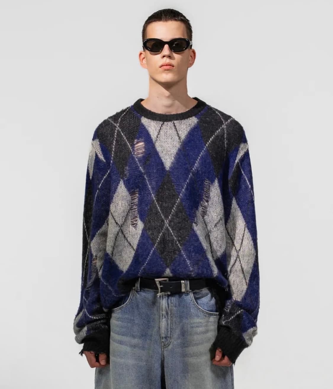 비바스튜디오 데미지 아가일 니트 BLUE M사이즈 상품이미지1