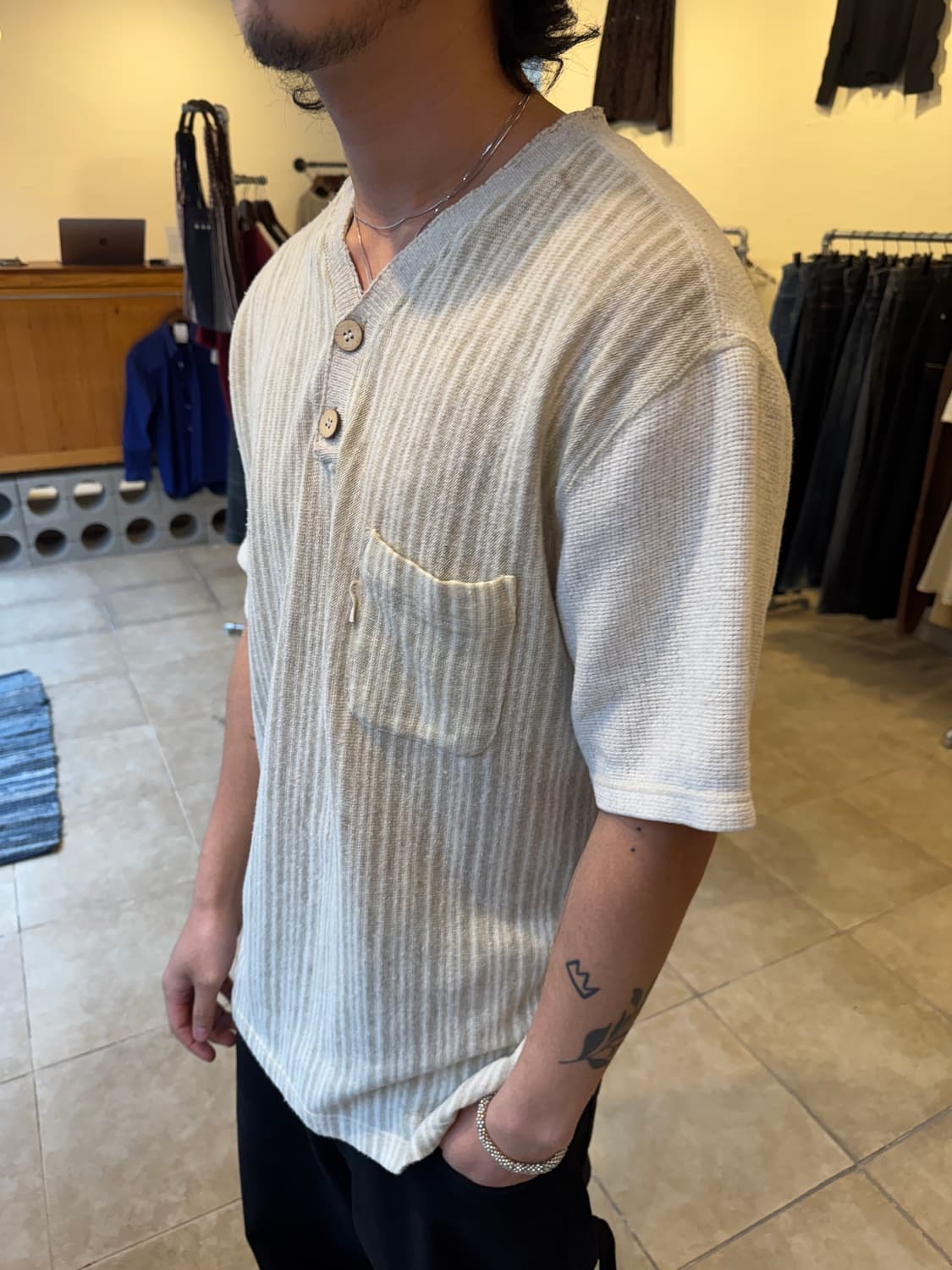 Beige Striped Henley Neck Shirt 상품이미지5