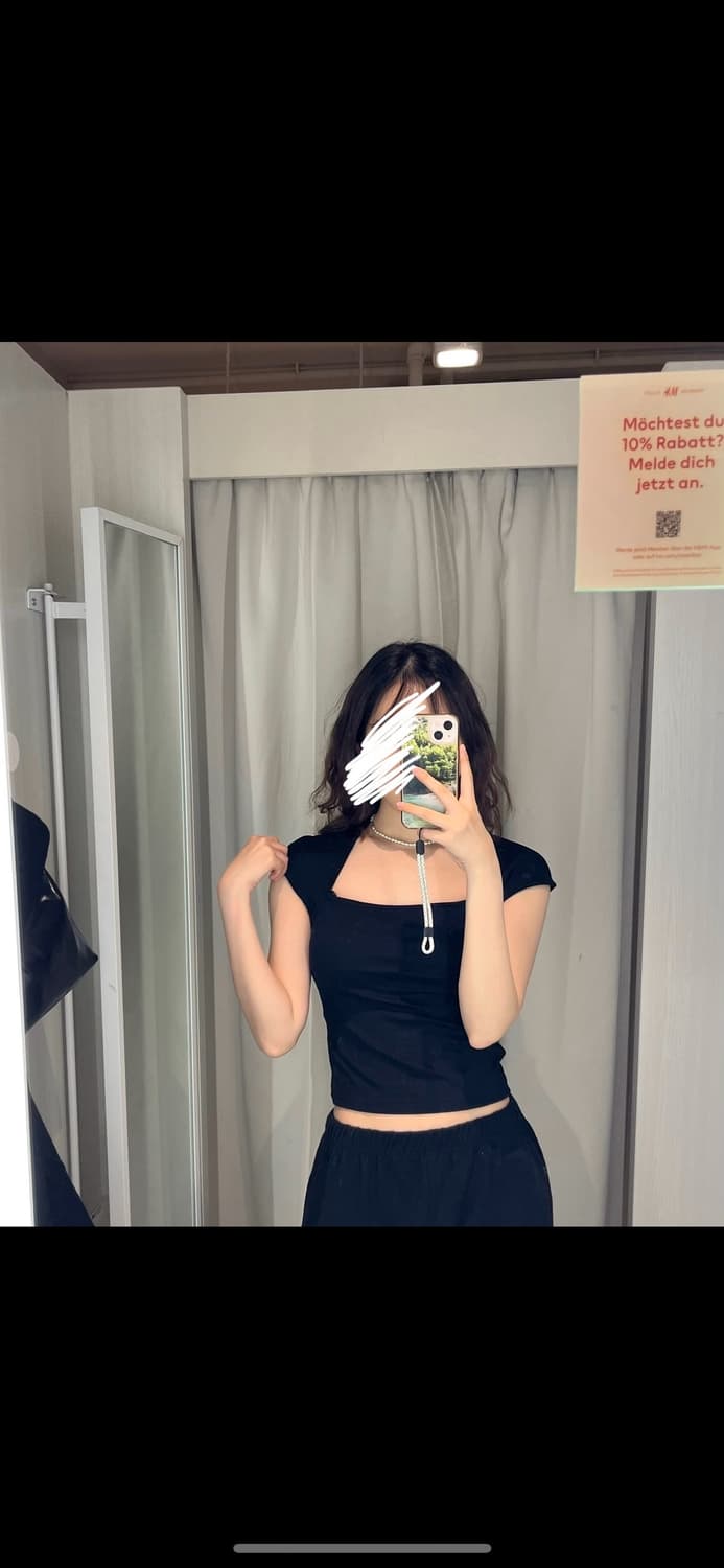 h&m 스퀘어넥 리브드 탑 블랙 반팔 상품이미지2