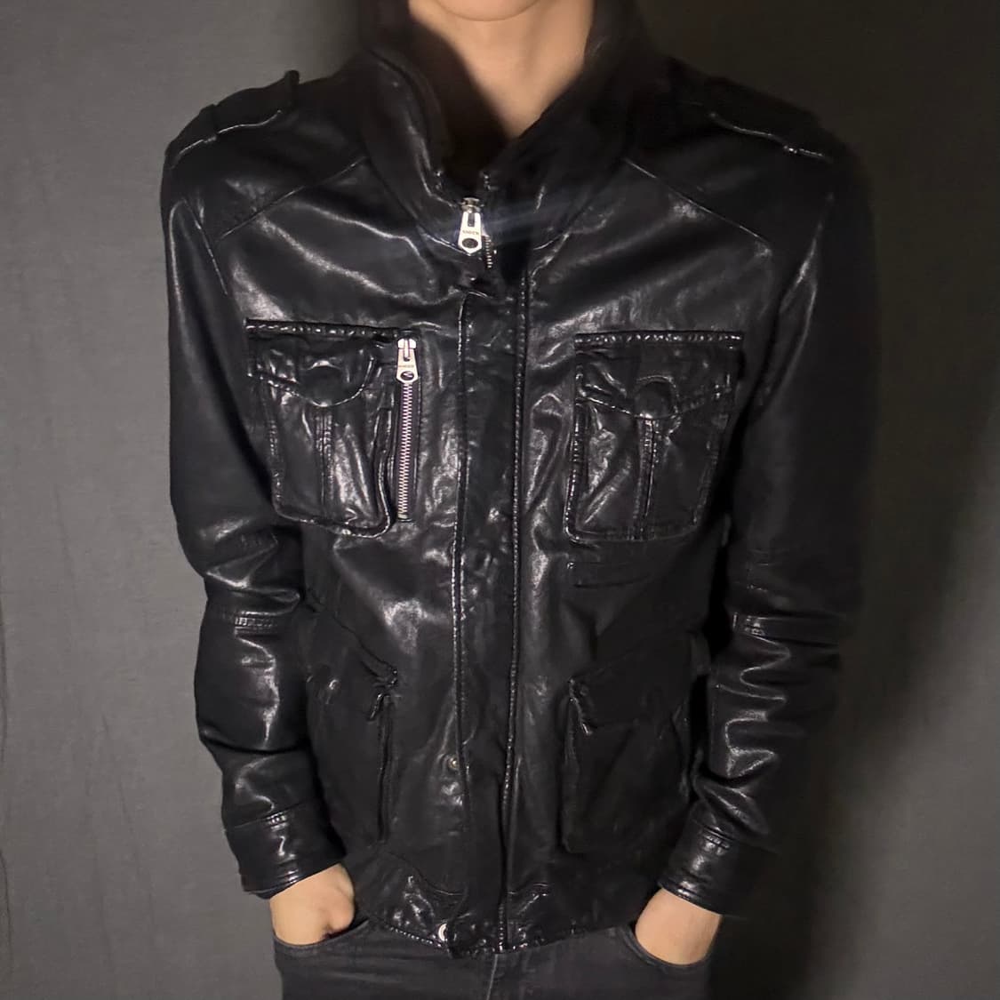 high neck lamb skin pocket jacket 상품이미지4