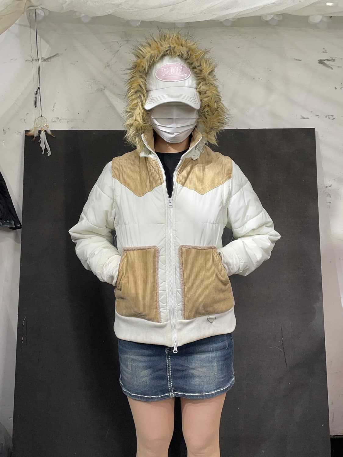 일본빈티지 SpRay 울프죠 후드 투웨이 패딩 화이트 코듀로이 점퍼 M 상품이미지2