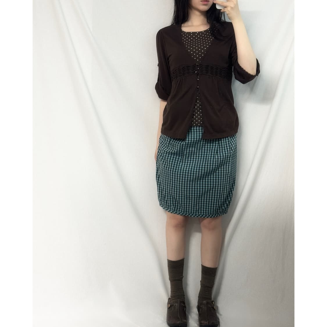 민트 브라운 체크 패턴 스커트 상품이미지1