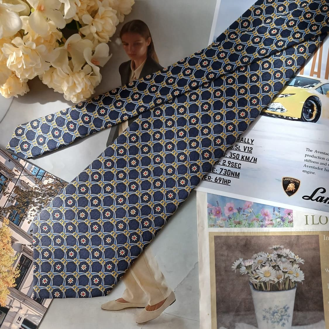 아쿠아스큐텀 체인 플라워 패턴 넥타이 9.9cm A+등급 A19847 상품이미지5