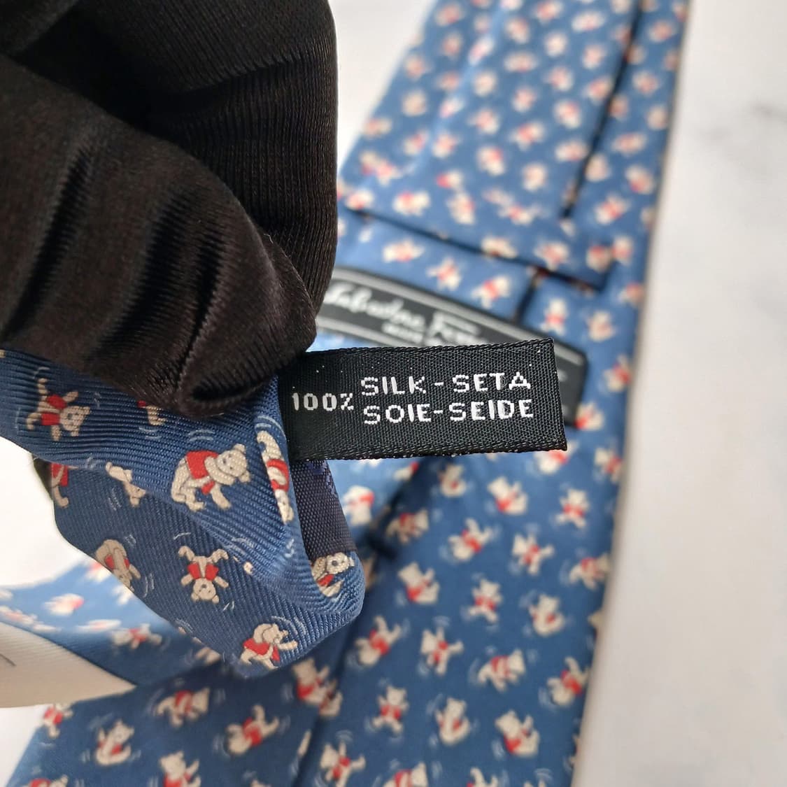 살바토레 페라가모 실크 블루 곰돌이 모티브 넥타이 9cm A등급 E959 상품이미지7