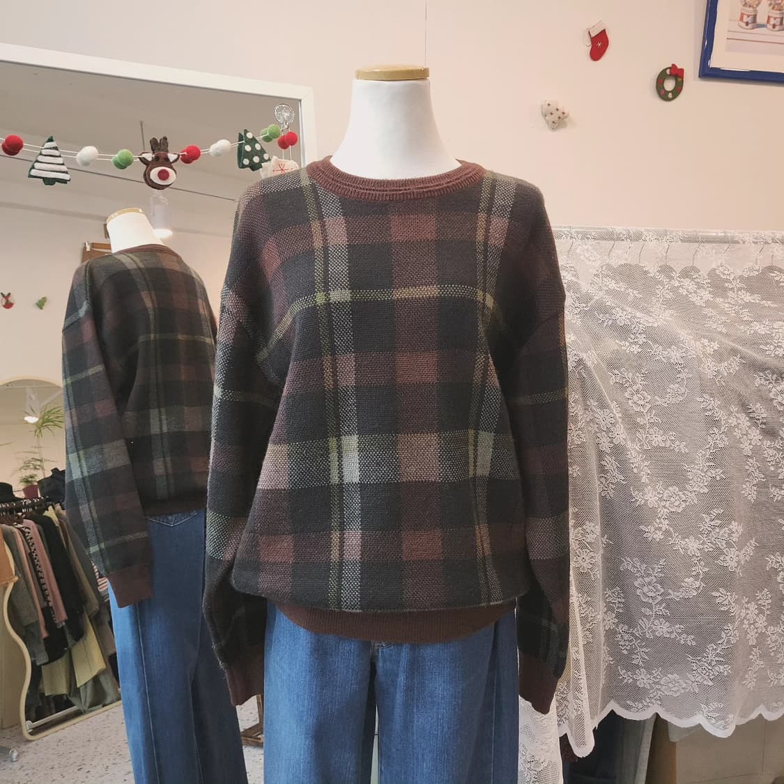 Cross keys 브라운 체크 울100 니트 상품이미지8