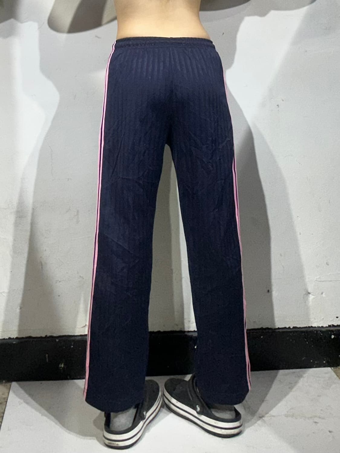 일본 빈티지 네이비 핑크 삼선 와이드 팬츠 XL 상품이미지3