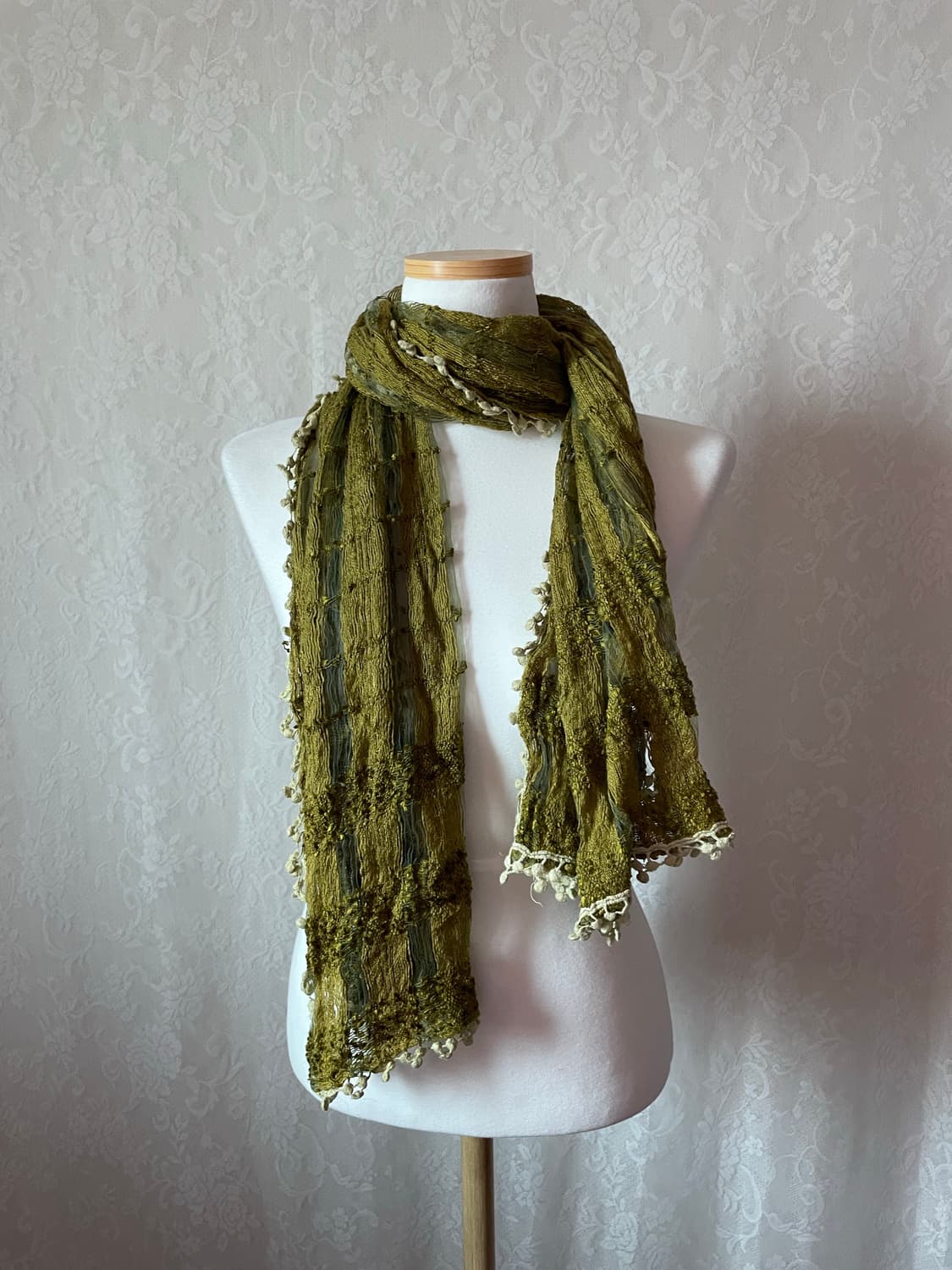 빈티지 시스루 스트라이프 니트 머플러 카키 상품이미지1