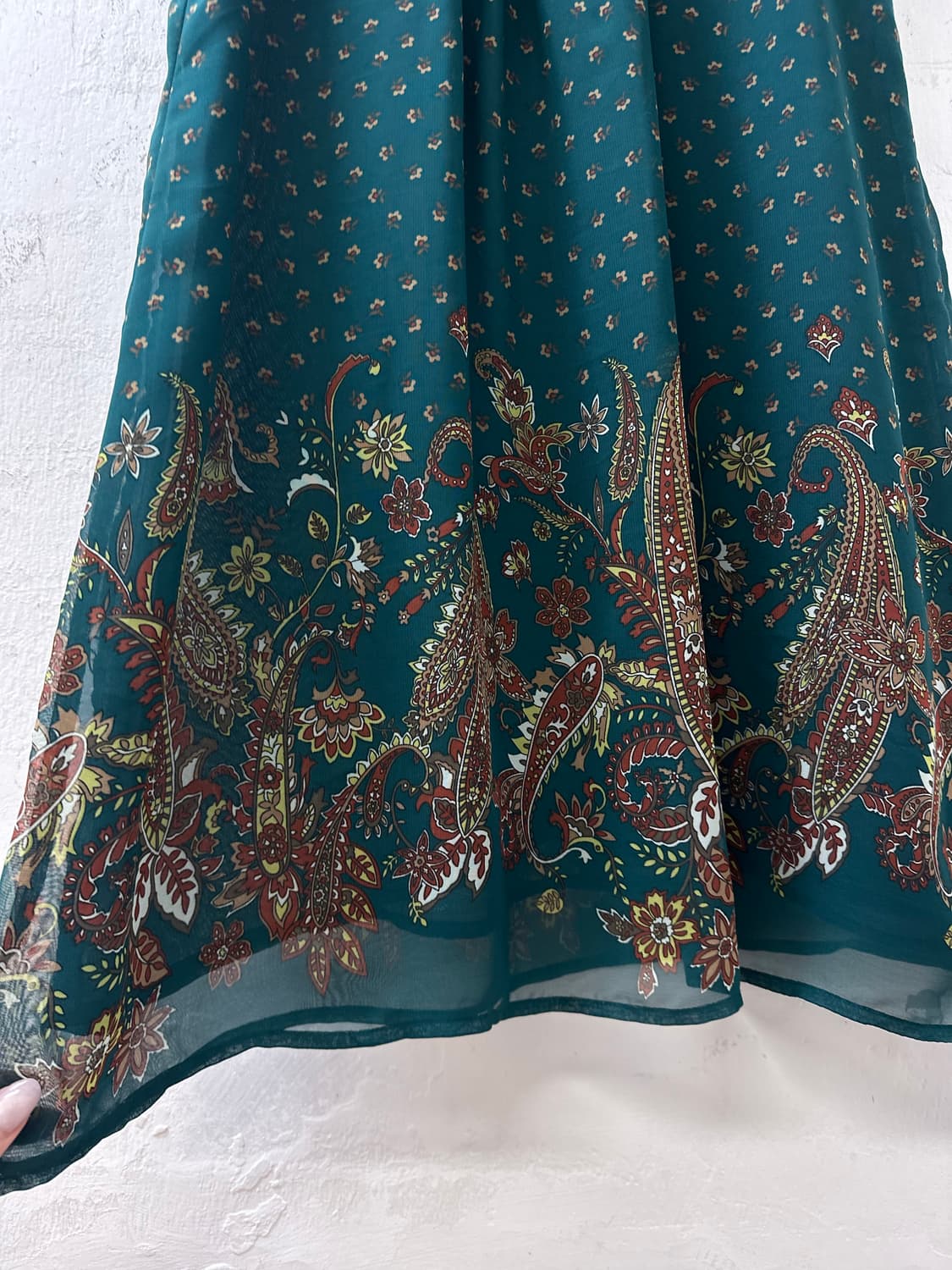 일본빈티지 딥그린 페이즐리 보더 플로럴 패턴 핀턱 슬리브리스 원피스 상품이미지5