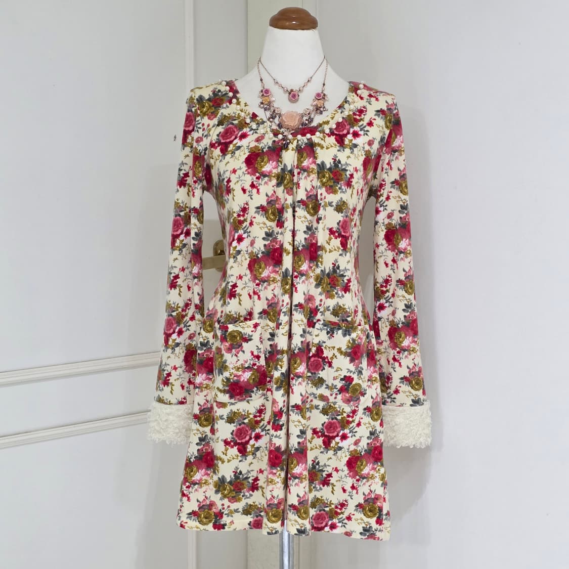 일본빈티지)플로럴 로즈 진주부클 모리걸 히메갸루엑팜st 로맨틱 니트원피스 상품이미지1