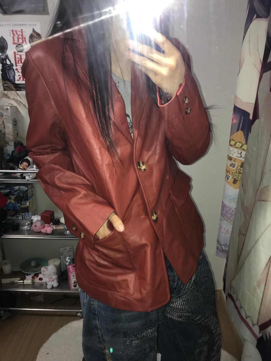 Kaha y2k 레드 램스킨 레더자켓 상품이미지1