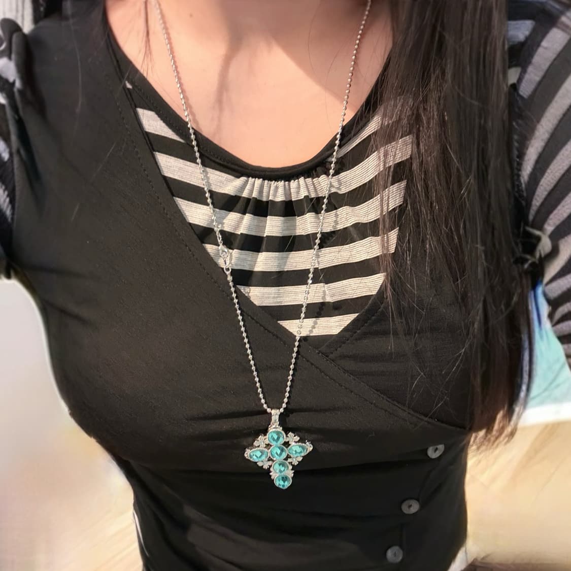 (이체시에눌) 일본 로판영애 무드 아쿠아마린 색상 실버 십자가 목걸이 상품이미지4