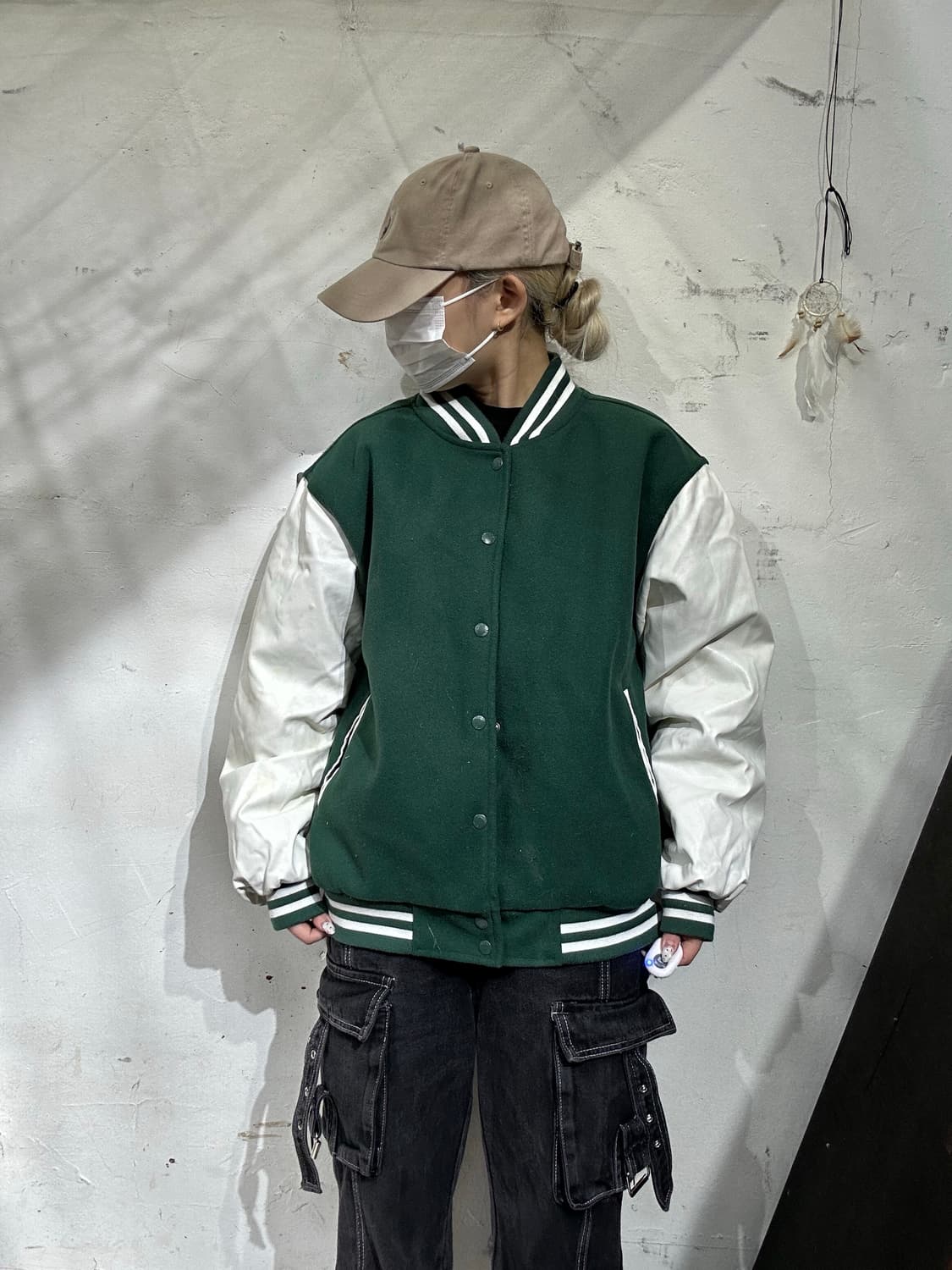빈티지 그린 화이트 오버핏 바시티 자켓 M 상품이미지2