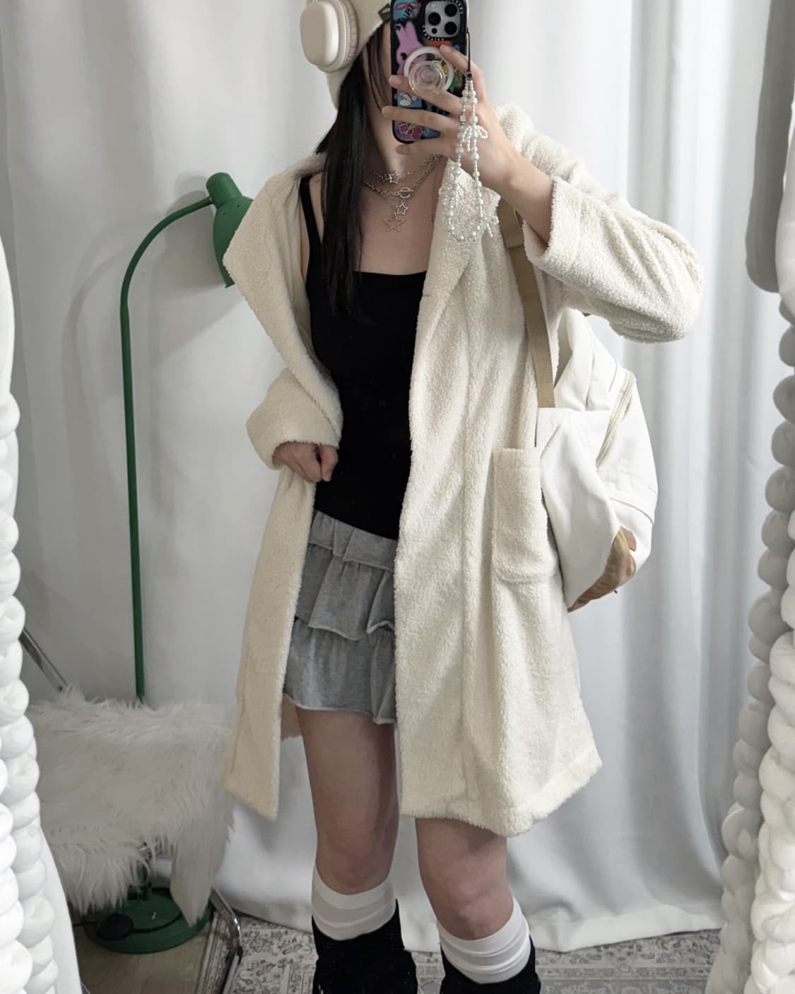 아이보리 뽀글이 후드 롱 코트 상품이미지1