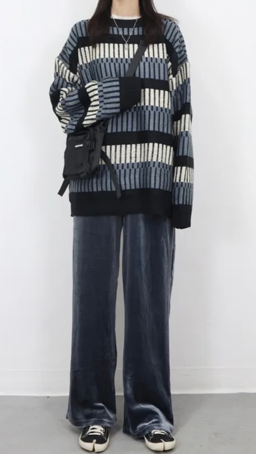 블루 지브라 스트라이프 빈티지 오버핏 패턴니 트스웨터 하찌 남녀공용니트 상품이미지3