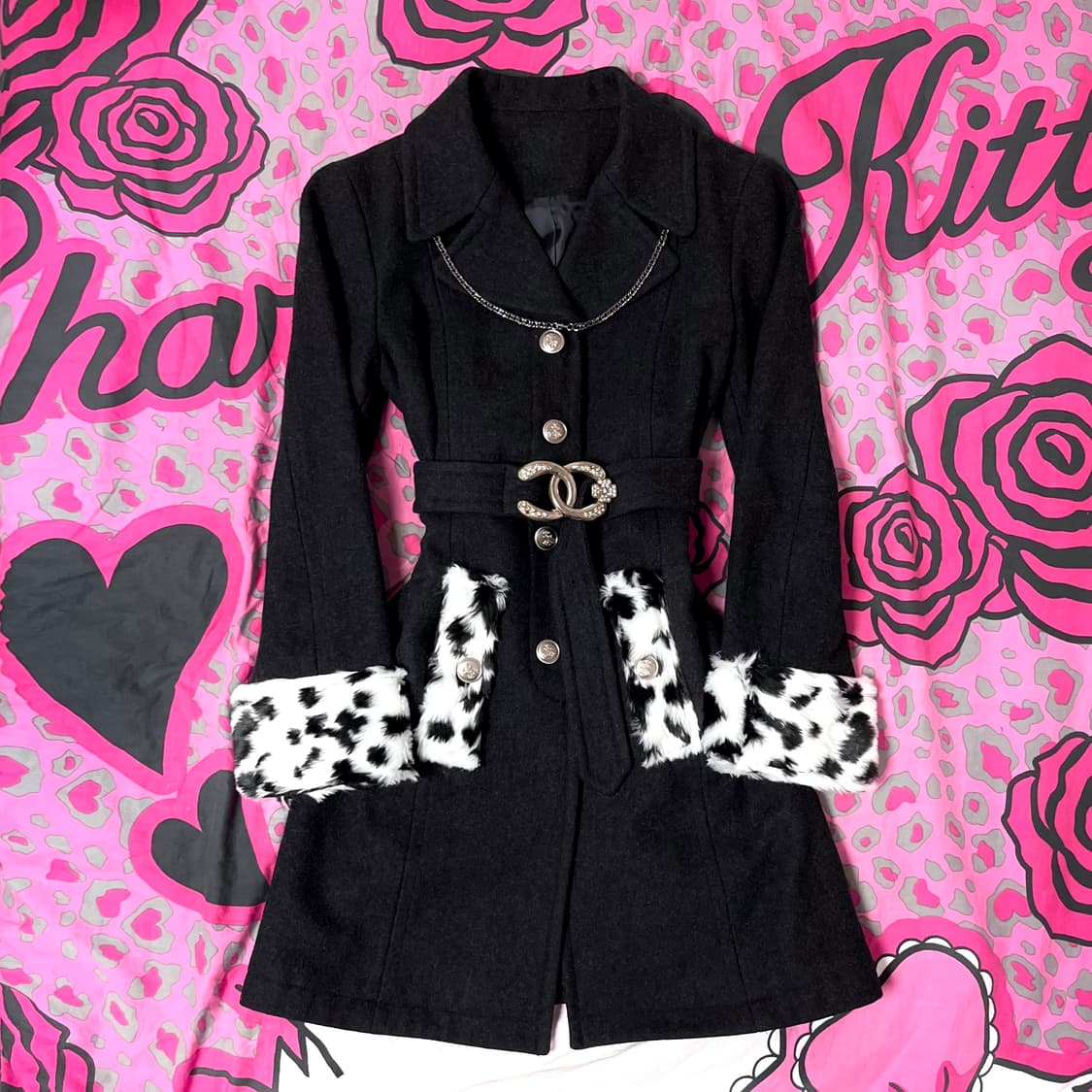 오네갸루 은장 레오파드 퍼 벨티드 코트 일본빈티지 y2k 핀터깔 90s 상품이미지1