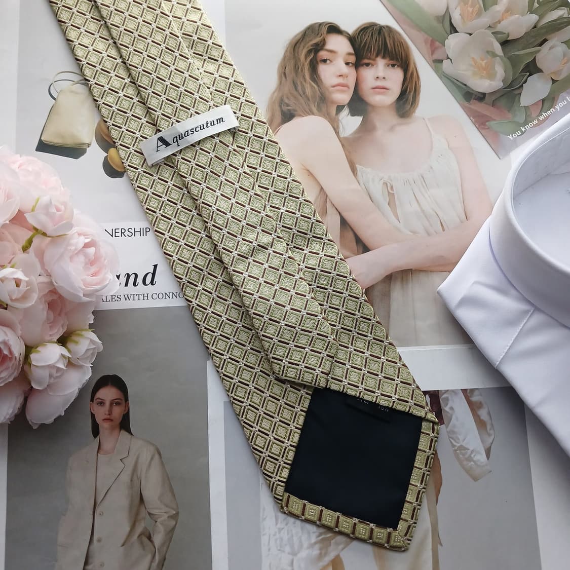 아쿠아스큐텀 라이트그린 체크 패턴 넥타이 9.3cm A+등급 A18575 상품이미지3