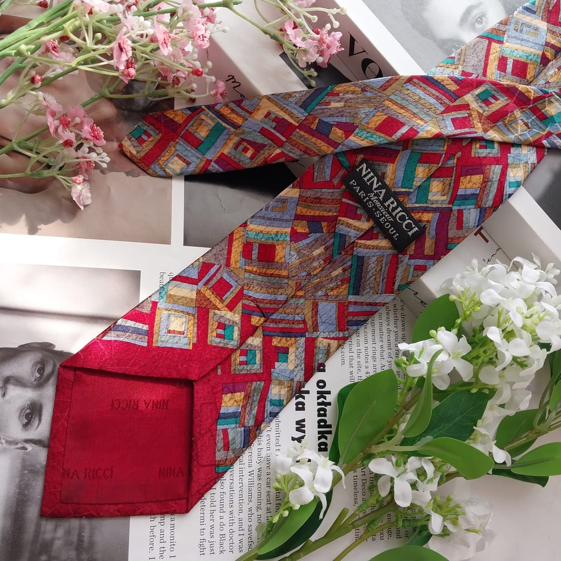 니나리치 실크 레드 믹스 패턴 넥타이 9.6cm A+등급 K2324 상품이미지5