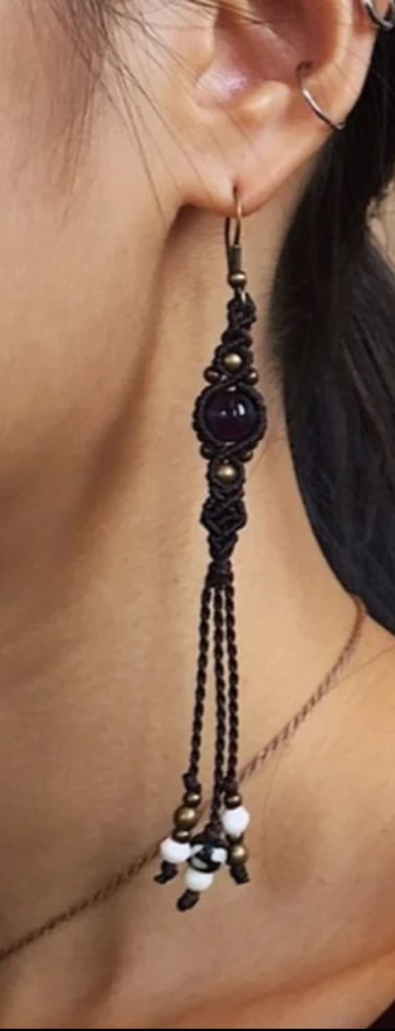 천연 원석 귀걸이 자수정 마크라메 태슬 블랙 퍼플 상품이미지3