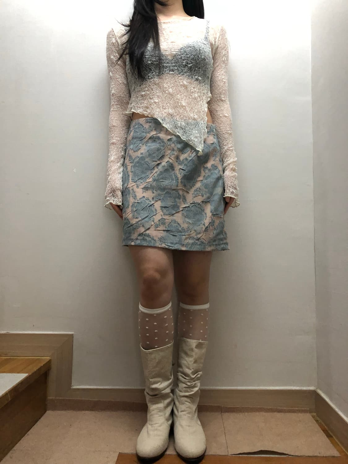 빈티지 라이트 블루 플라워 미니 스커트 상품이미지4