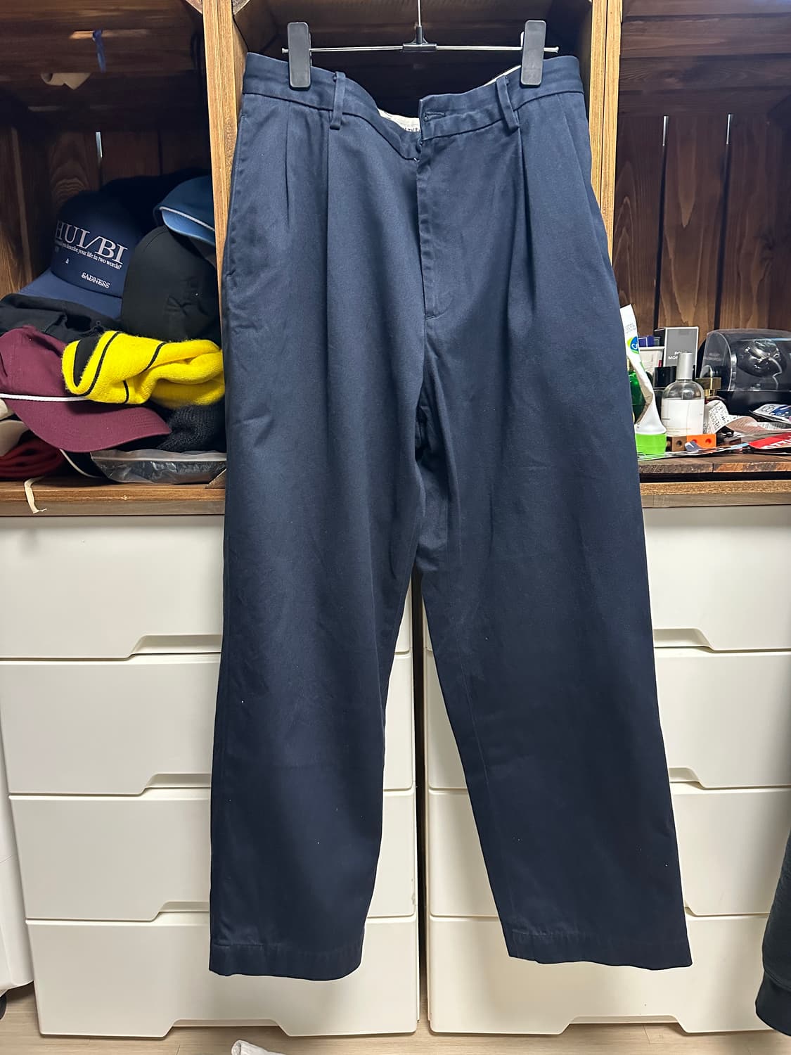 와코마리아 더블 플리츠 치노 팬츠 L 네이비 상품이미지2