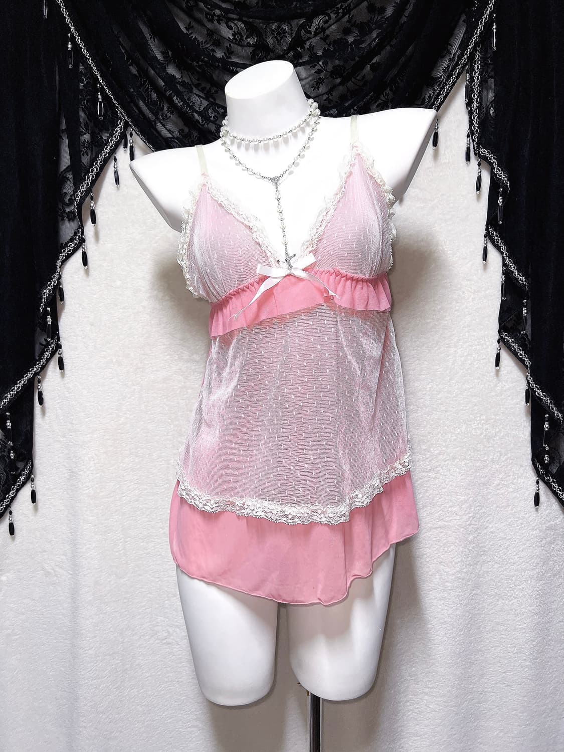 히메갸루 로맨틱 로걀 핑크 도트 레이스 프릴 슬리브리스 나시 슬립 핀터 상품이미지1