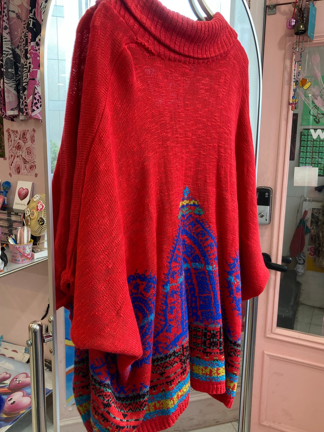 에스닉 패턴 레드 판초 상품이미지6