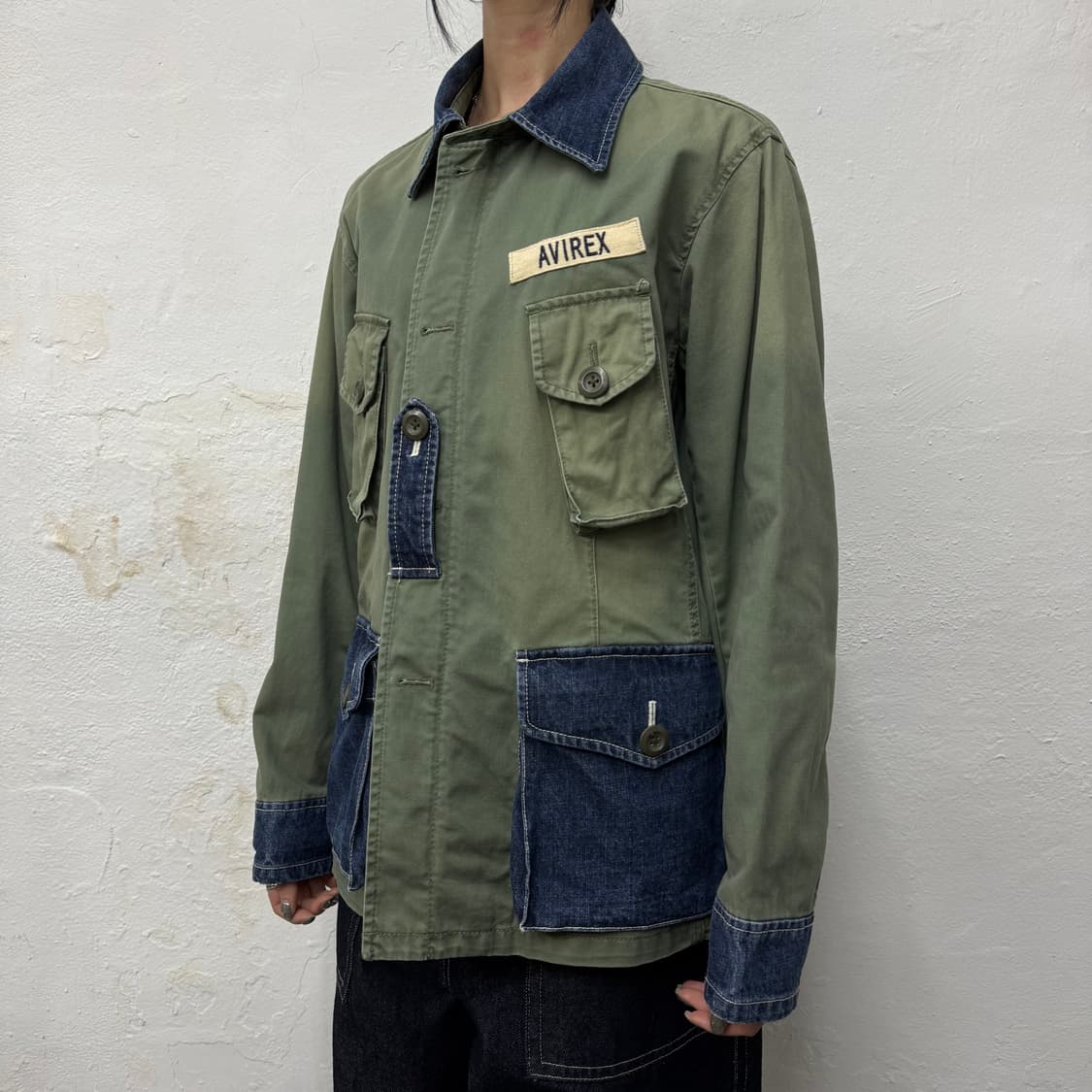 아비렉스 PX 카키컬러 데님 패치 워크 가공 워시드 코튼 헌팅 자켓 상품이미지1