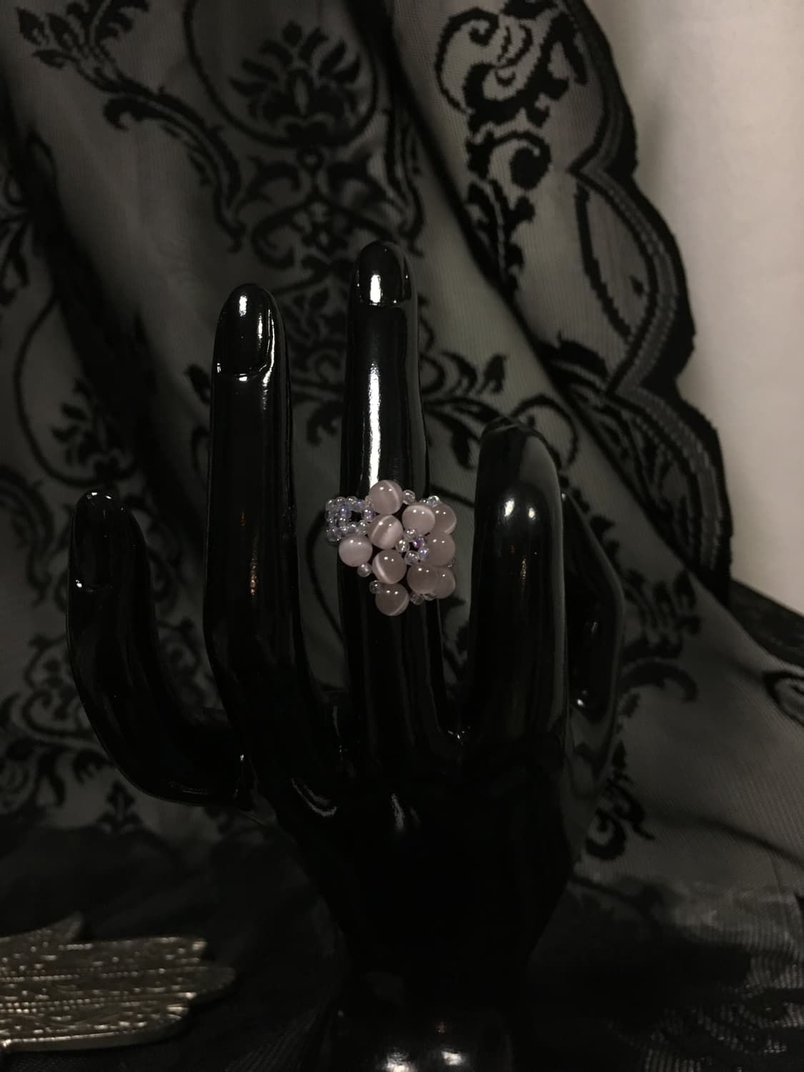 Vintage 스윙셋 캣츠아이 원석 비즈 퍼플 보라빛 꽃 링 반지 상품이미지5