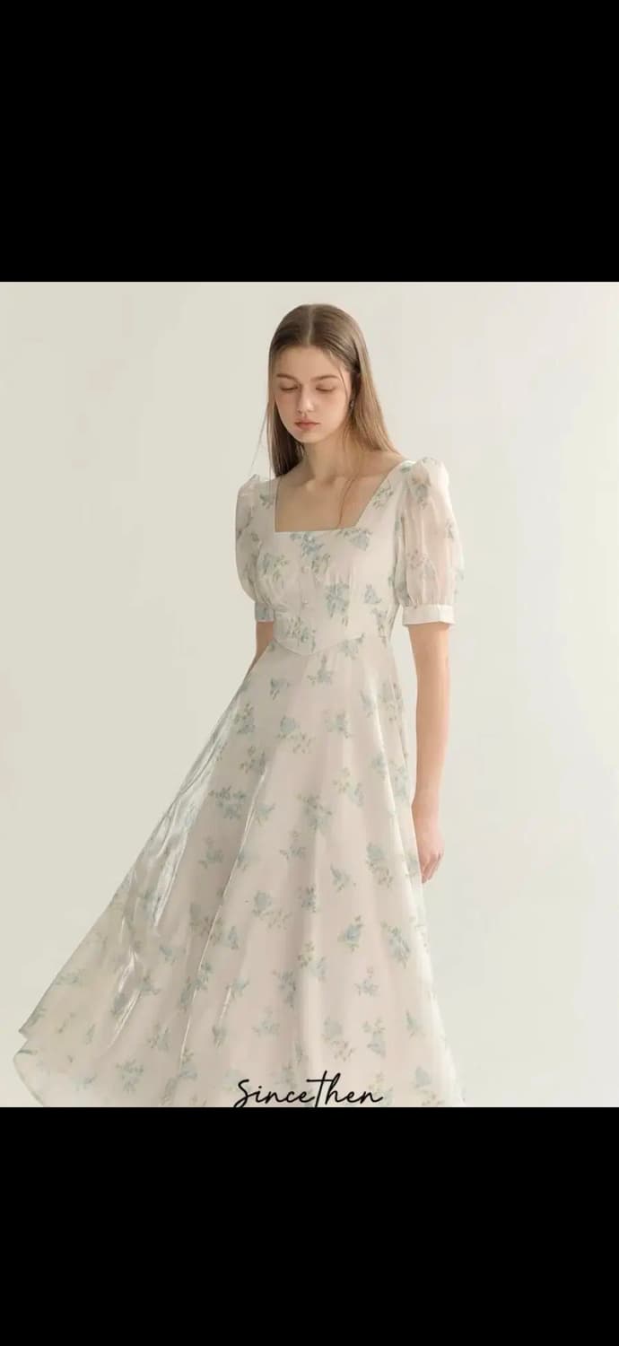 S사이즈) 신스덴 블루 플로랄 글로시 롱원피스 반팔스퀘어넥휴양지여름원피스 상품이미지3