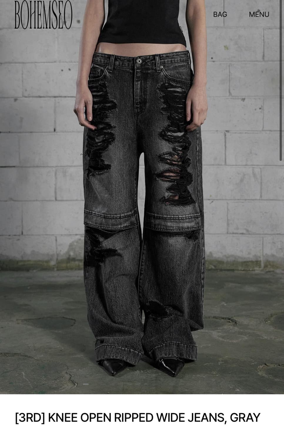 보헤미안서울 KNEE OPEN RIPPED WIDE JEANS, GRAY 상품이미지1