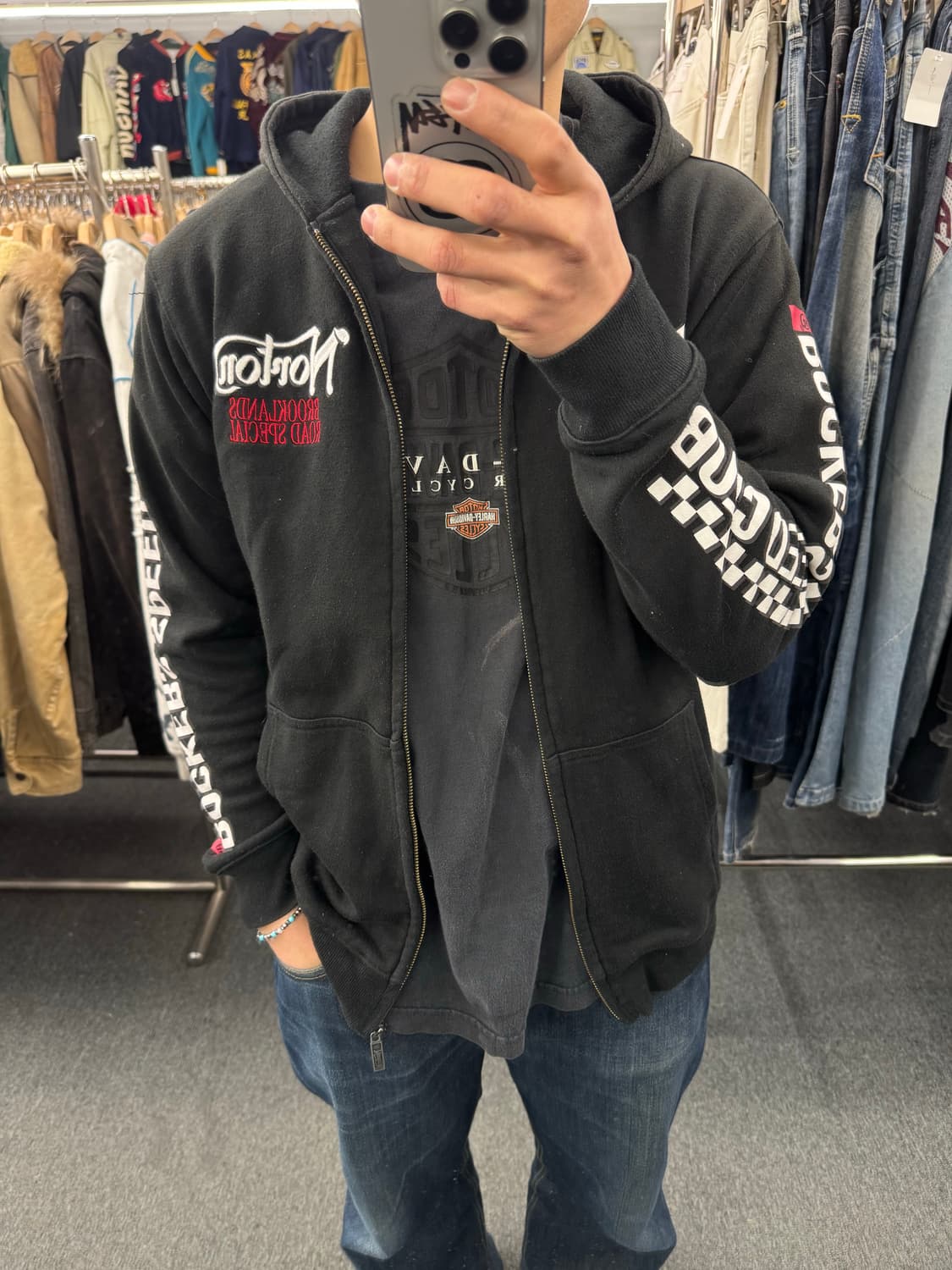 XL)노턴 빈티지 체커 프린팅 후드집업 상품이미지1