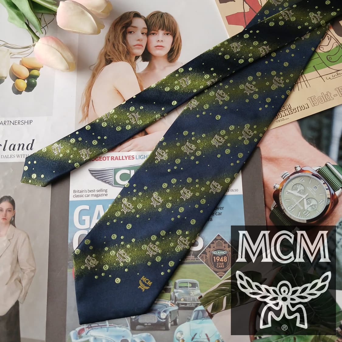 엠씨엠 실크 그린 로고 패턴 넥타이 9.1cm A+등급 A19636엠씨엠 상품이미지1