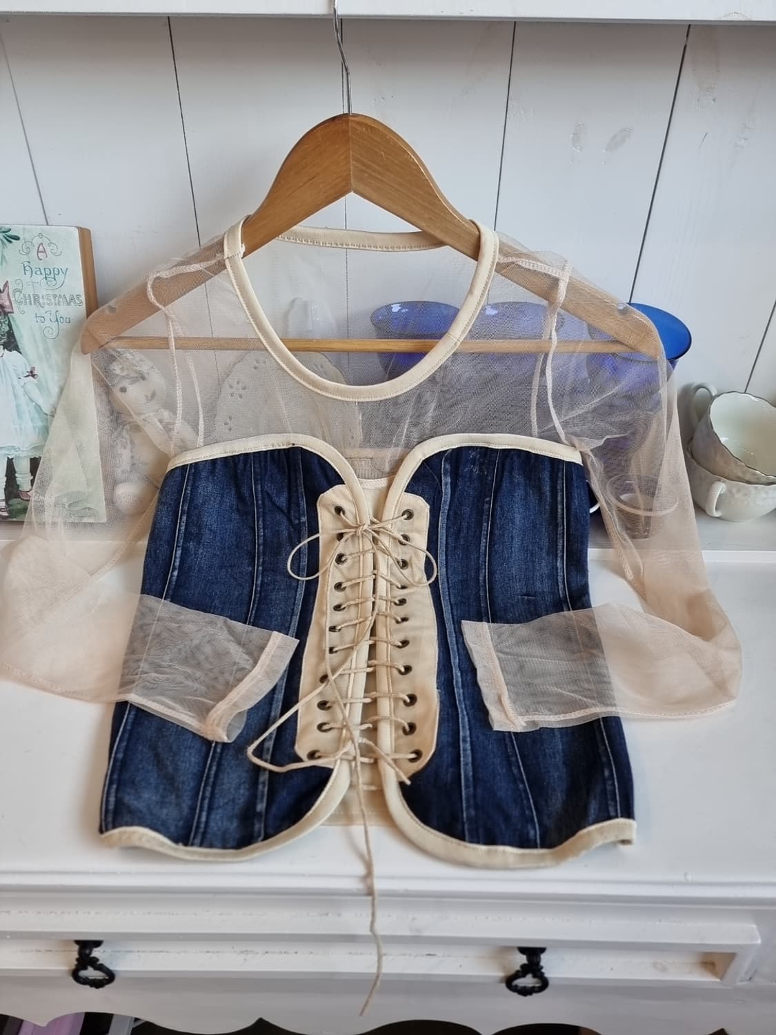 시스루 메쉬 + 데님 코르셋 블라우스 상품이미지3