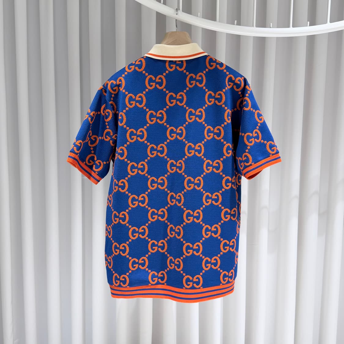 (S/L) / 구찌 GG 자카드 코튼 폴로 반팔 셔츠 블루 오렌지 상품이미지5