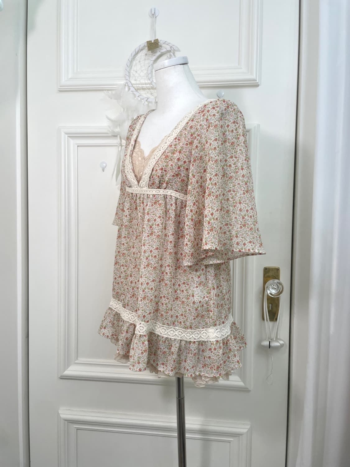 flower lace trim blouse&beige lace cotto 상품이미지2