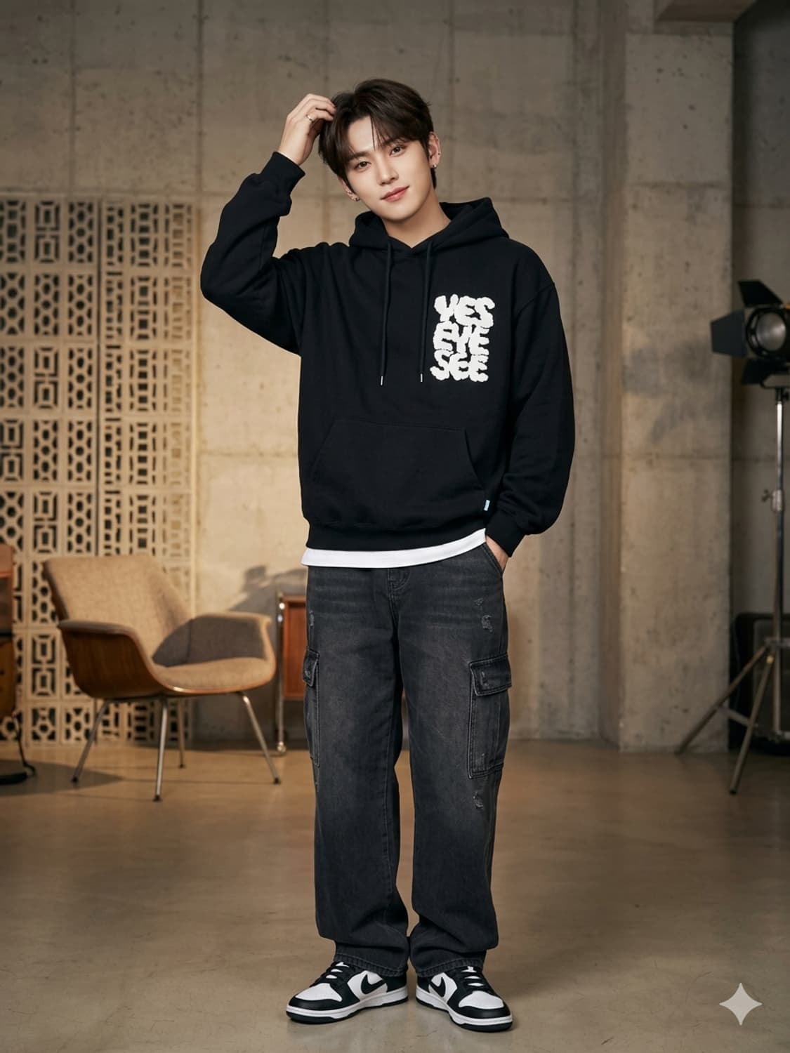 예스아이씨(YESEYESEE) 부클 로고 블랙 후드티 상품이미지1